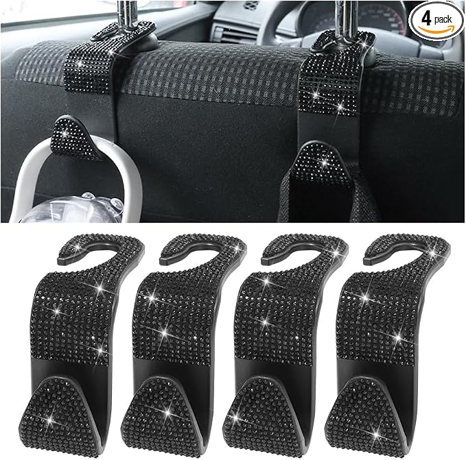 Zpana 4PCS Bling Car Seat Headrest Hooks, Vehicle Back Seat Purse Handbag Hanging Holder with Crystal Rhinestone, Diamond Storage Organizer Hook, Universal Automotive Accessories (Black)