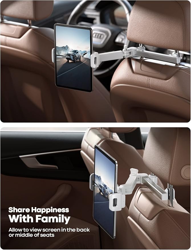 Car Headrest Tablet Holder - [Extension Arm] Upgrade Adjustable Tablet Car Mount for Back Seat, Road Trip Essentials for Kids, for 4.7-11" Device like iPad Pro, Air, Mini, Galaxy, Fire, White