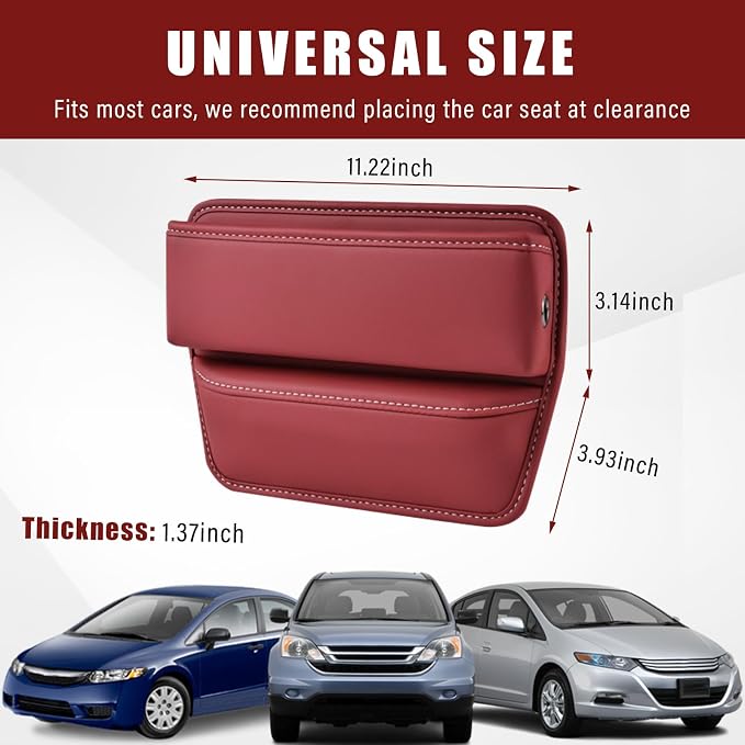 Car Seat Gap Organizer, Premium Leather Auto Seat Storage Box, Vehicle Adjustable Front Seat Gap Filler, Car Seat Side Pocket Organizer for Phones, Glasses, Keys, Money, Cards (Red)