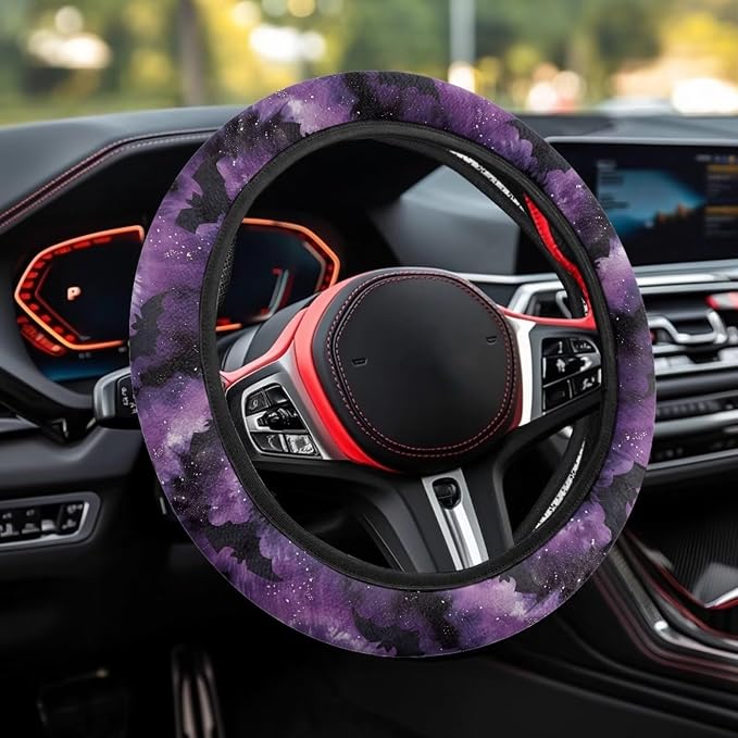 Car Steering Wheel Cover Soft Stretch Auto Steering Wrap Protector for Women Men, Universal Halloween Auto Accessories Fit Most Vehicles, Bat Purple Tie-dye