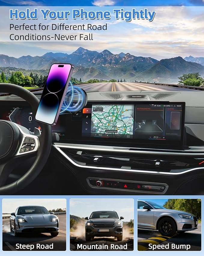 PZK Car Phone Mount for BMW X5 X6 2024-2026 & BMW X7 2023-2026 Accessories | Magnetic Car Phone Holder Custom 14.9-inch Screen Compatible with MagSafe 360° Rotation with Storage Box Not Affect Vent