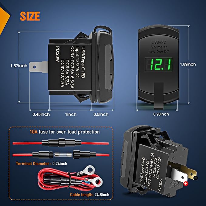 Rocker Switch Style USB Outlet LED Voltmeter Quick Connector 12V PD Type C and USB QC 3.0 Cars Replacement with Inline Fuse for Switches Panel on Boats RV Truck Car