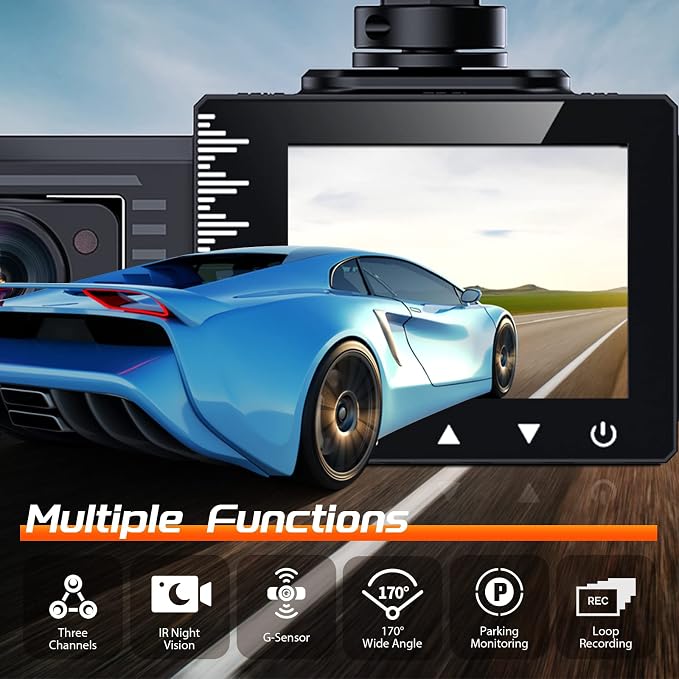 T1-pro Dash Cam Front and Rear Inside 3 Channel 1080P, Adjustable Lens Dash Camera for Cars with 8 IR Lamps Night Vision, Three Ways Triple Car Camera, Loop Recording, G-Sensor, Parking Monitor