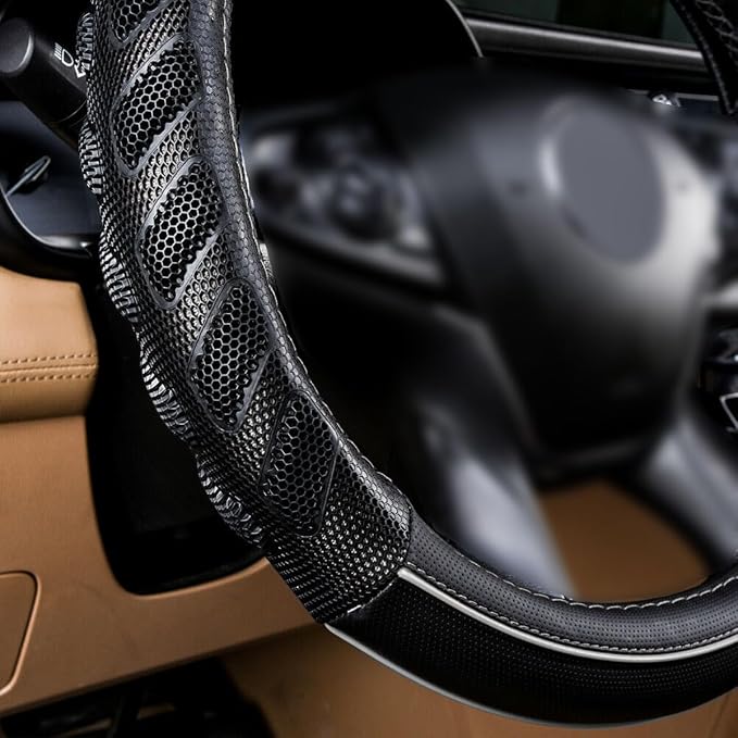 car Steering Wheel Cover Faux Leather Massage Universal fit 3D Honeycomb Hole Anti-Slip Sporty 15 Inches (Grey Black)