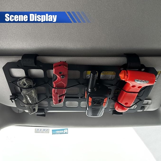 Vehicle Rigid MOLLE Panel, Car Sun Visor Organizer Tactical Gear Rack, EDC Pouch Tool Holster Truck Equipment Mount Plate, Auto Interior Modular Storage Shelf Accessories (Sunvisor)