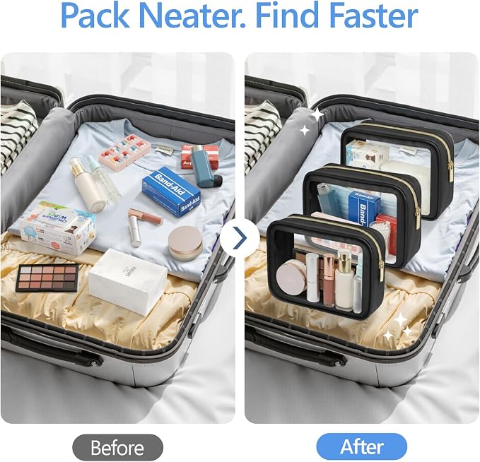 Clear Makeup Bag - TSA Approved Toiletry Bag for Carry-on & Checked Luggage, Water Resistant Car Storage Organizer with Reinforced Seams