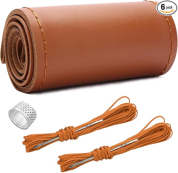 Genuine Leather Steering Wheel Cover, Stitch on Wrap, Breathable Anti-Slip Car Steering Wheel Protector for Max Diameter 15 Inch, DIY Sewing with Needles Thread (Brown, Glossy)