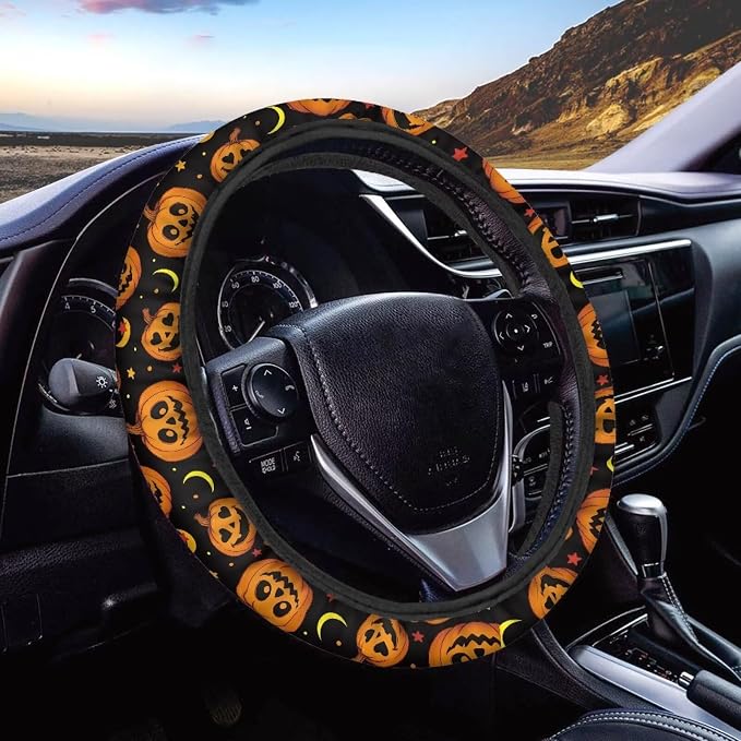 Halloween Car Steering Wheel Cover 15 Inch Universal Breathable Soft Anti-Slip Auto Accessories Steering Wheel Protector Fit for Most Vehicles, Pumpkin Moon Star