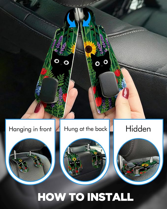 Purse Holder for Car, 2 Pack Heavy Duty Purse Hanger for Car, PU Leather Car Seat Hooks for Purses and Bags, Cute Cat Headrest Organizer for Handbags & Backpacks