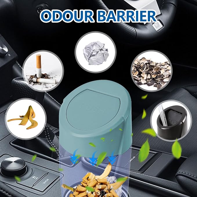 Mini Car Trash Can with Lid, Portable Garbage Can for Car, Leakproof Cup Holder Automotive Garbage Bin with 2 Rolls of Trash Bags, Small Trash Storage Can for Car Home Office(Dark Green)