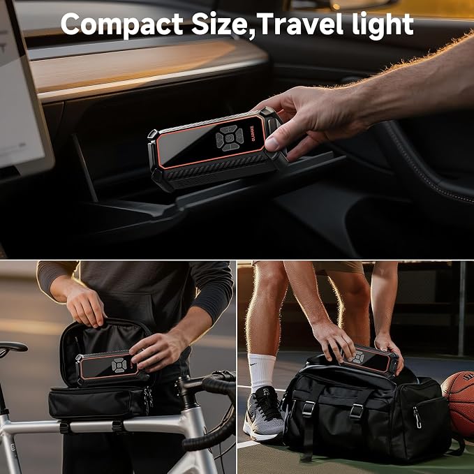 Cordless Tire Inflator Portable Air Compressor, Dual Power Mode - 9000 mAh & 12V DC, Air Pump for Car Tires, Motorcycle, Bicycle, Electric Pump with LED Light & Digital Pressure Gauge