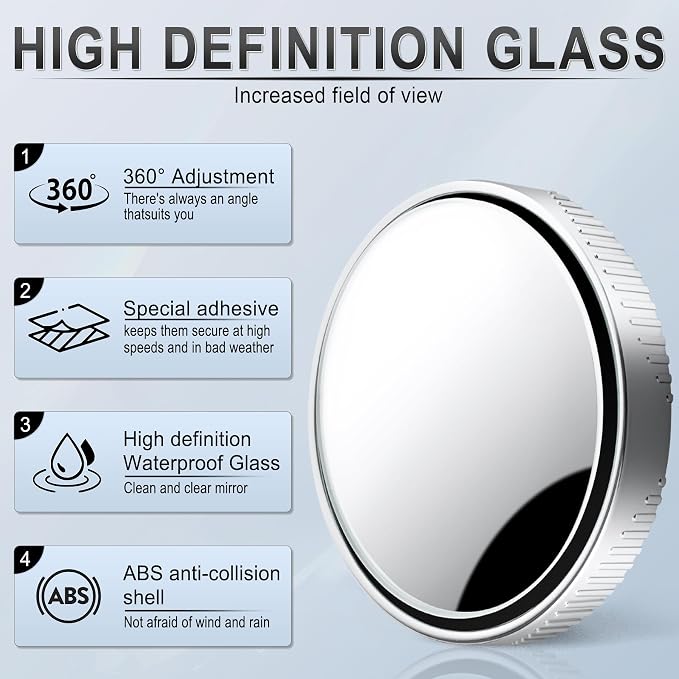 Blind Spot Mirror, 2" Round HD Glass Frameless Convex Accessories with Suction Cup, ABS Housing, 360° Adjustable Wide-Angle Rear View Mirror for Cars, SUVs, and Trucks, Pack of 2