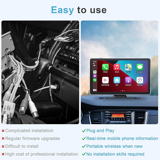9 Inch Carplay Screen for Car, Portable Car Play Touchscreen Stereo with 4K Front+1080P Rear Dual Camera, Support Voice Control/Android Auto Mirror Link/Backup Camera
