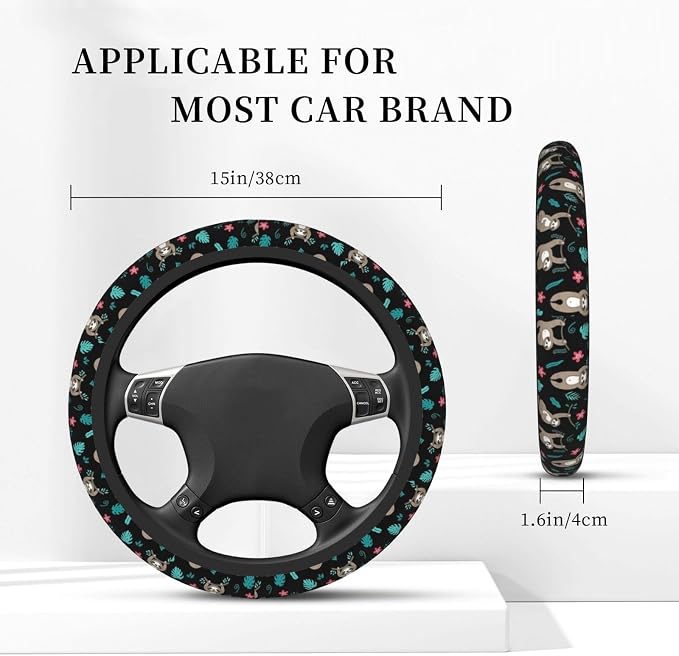 Cute Sloth Steering Wheel Cover Anti-Slip and Practical 14.5-15 Inch Universal Car Steering Wheel Cover with 2 Pieces Car Coasters Suitable for Men Women