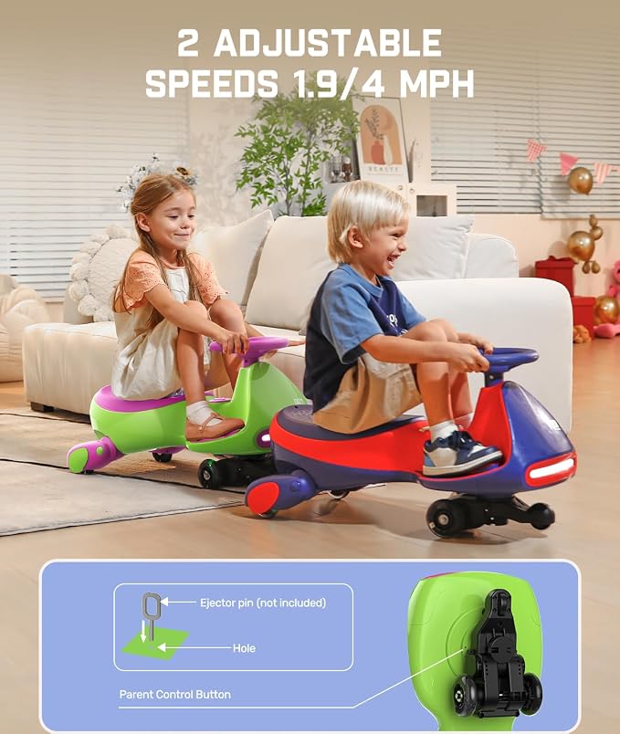 N7 Pro Electric Wiggle Car, Rechargeable Battery, CyberWiggle, 2 in 1 Swing Car, 2 Speeds Max 4 Mph, Anti-Rollover, Flashing Wheels, Bluetooth, Ages 3+, 150 Lbs, Grape Green