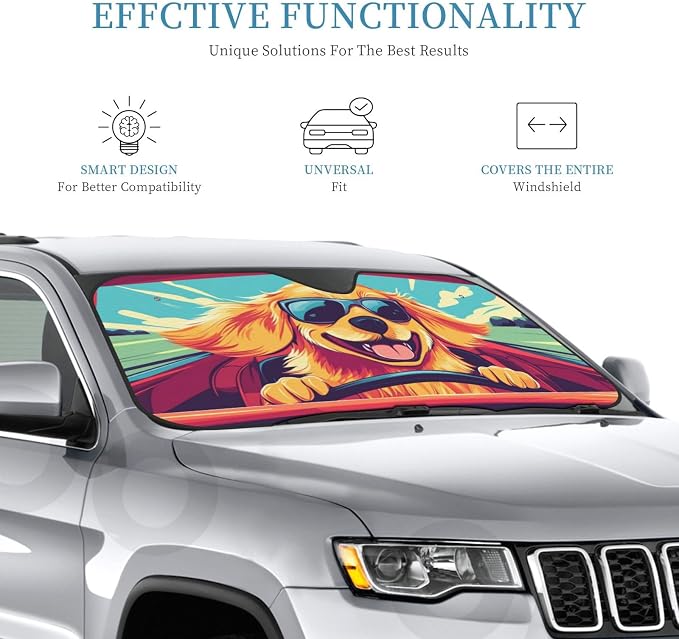 Windshield Sun Shade Driving Dog Funny Car Front Window Sunshade Cover for Truck SUV Blocks UV Rays Automotive Visor Interior Protector 51 x 27.5 inch