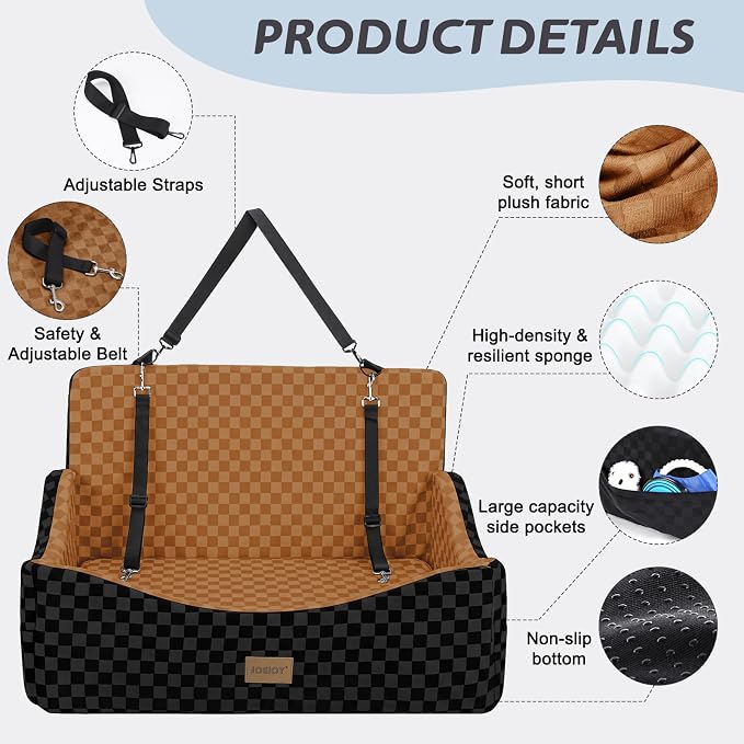 Dog Car Seat for Medium/Large Dogs - Reversible Dual-Sided Travel Dog Car Bed with Memory Foam, Washable Pet Booster Seat for Dogs up to 55 lbs or 2 Small Dogs, 2 Safety Leashes, Brown