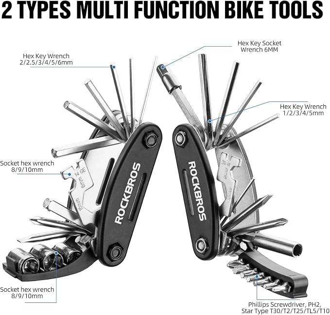 16 In 1 Multi-Function Bike Tool Kit - Allen Wrench, Tire Levers | Portable, Foldable, High Quality Steel,Bike Multitool Cycling Tool Kit