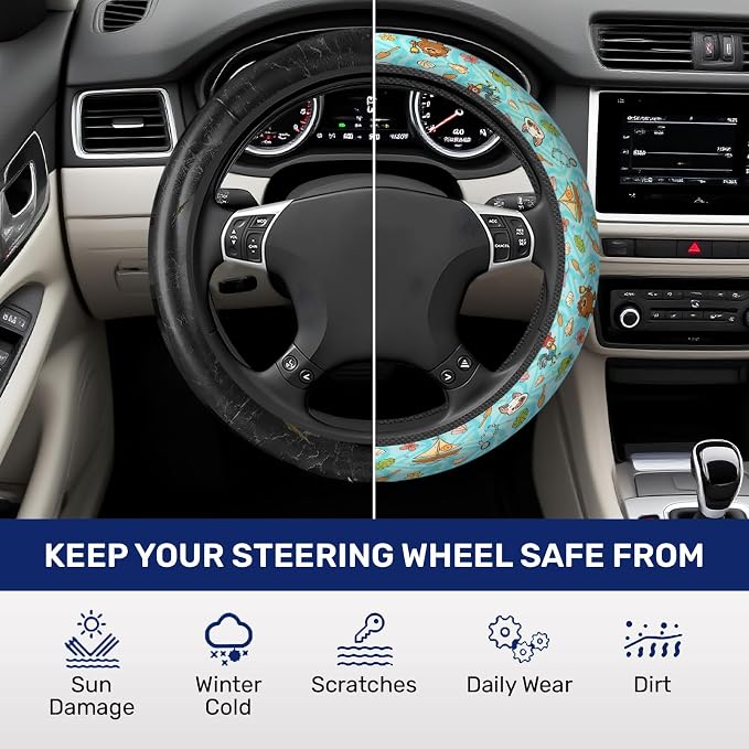 Blue Tropical Ocean Steering Wheel Cover, Polyester Non-Slip Car Wheel Grip, Universal 15 Inch Auto Accessory