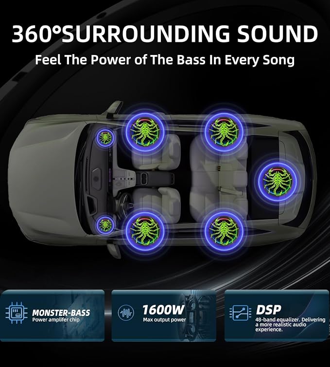 2026 Upgraded 10" 1600W Slim Under Seat Car Subwoofer with Built-in Amp & LED Ambient Lights - Low Profile Bass Sub for Car Audio Individual Controls (LPF/Gain/Bass Boost) High Output Distortion-Free