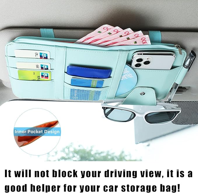 Car Sun Visor Organizer, Leather Personal Belonging Storage Pouch with Zipper, Car Visor Storage Pouch Sunglasses Holder, Auto Interior Accessories Pocket Organizers (Blue)