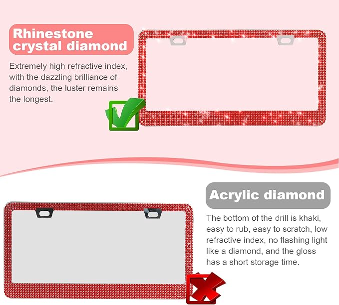 2 Pack Bling License Plate Frames for Women, Sparkly Rhinestone Diamond Car Accessories with Glitter Crystal Caps (Red)