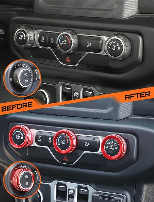 HVAC Climate Control Panel Knob Trim Kit & Light Control Switch Cover, Air Conditioner Knob Aluminum Alloy Ring for 2018-2024 Jeep Wrangler JL JLU & Gladiator JT, Interior Accessories, Red