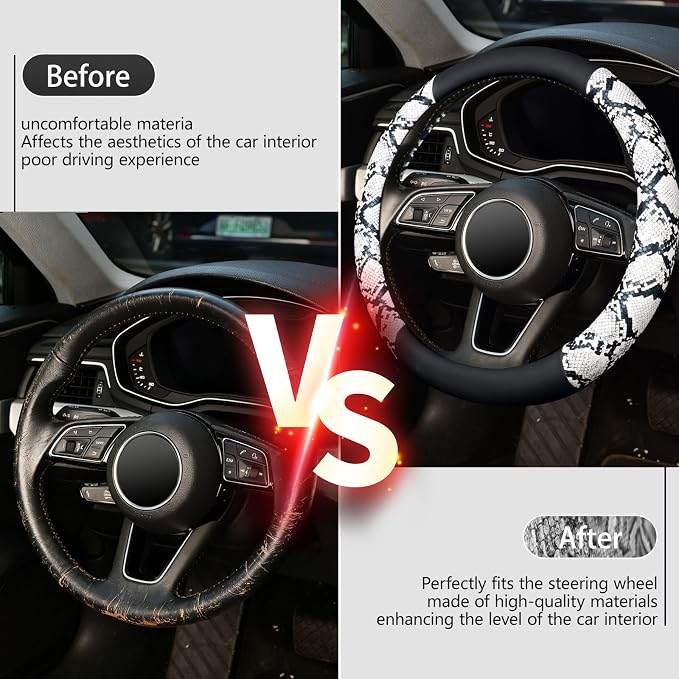 Snake Skin Steering Wheel Cover, Universal 14.5-15 inch Breathable Microfiber Leather Anti-Slip Car Steering Wheel Protector for Women Men, Black&White