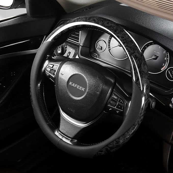 Wood Grain Steering Wheel Cover Microfiber Leather Universal 14 1/2-15 inch, Car Steering Wheel Cover Men Women, Comfortable, Anti-Slip, Odorless, Black