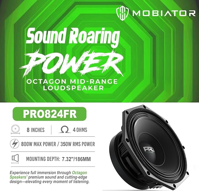 PRO824FR Loudspeaker - 8" Midrange Aluminum Basket, 1200W Max, 300W RMS, 4 Ohms - Premium Quality Audio Door Speakers for Car or Truck Stereo Sound System (MB-PRO824FR)