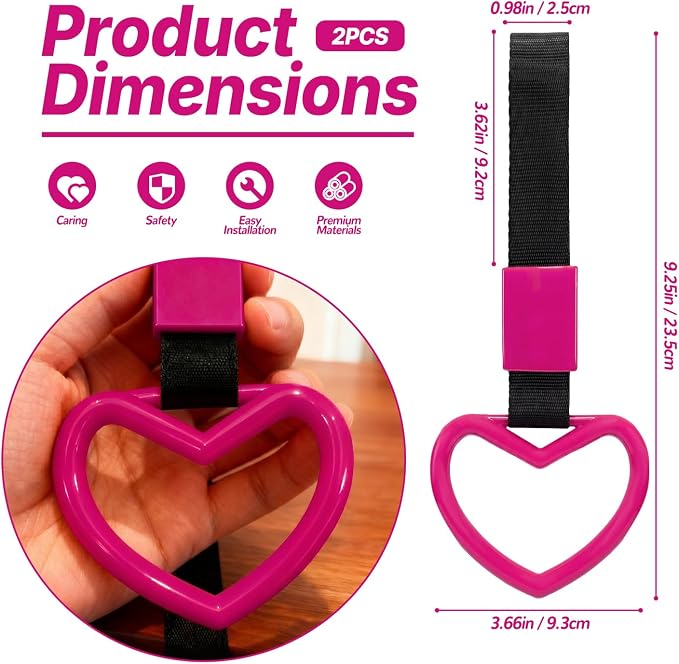2 Pcs Heart Shaped Car Handle Strap – JD M Drift Charm Rear Bumper Warning Ring Decor for Car Interior Exterior, Subway Bus Handle Accessory, Cute Heart Car Decor Gift for Drivers (Hot Pink)