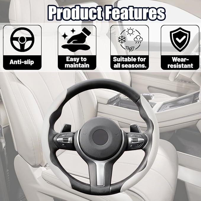 2PCS/Set Car Steering Wheel Cover, Leather Segmented Anti-Slip Automotive Wheel Protector, Soft Breathable Vehicle Steering Protection Covers, Universal Interior Accessories (White)