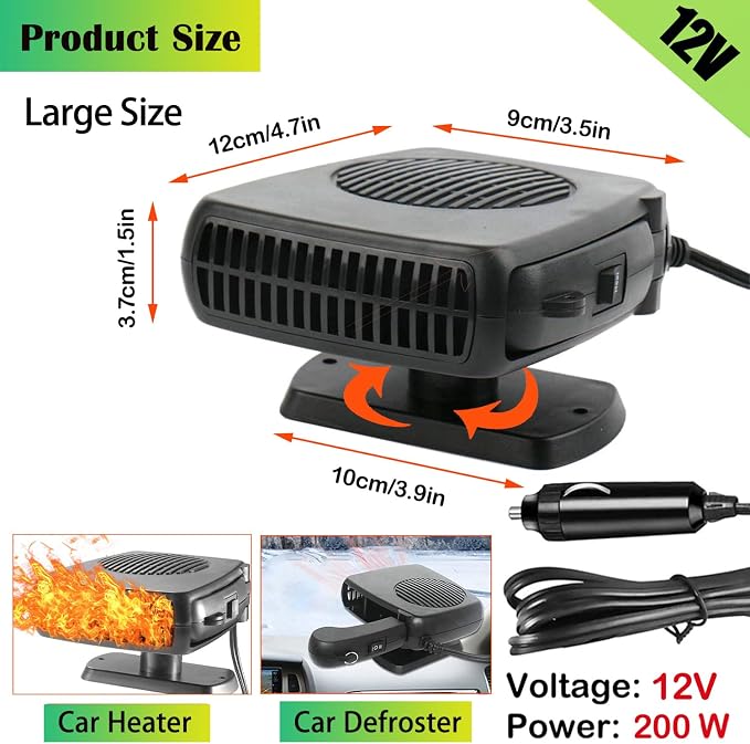Car Heater,12V 200W Portable Car Heater for Vehicle Portable Heater for Car Windshield Defogger and Defroster Plug into Cigarette Lighter for Car RV SUV