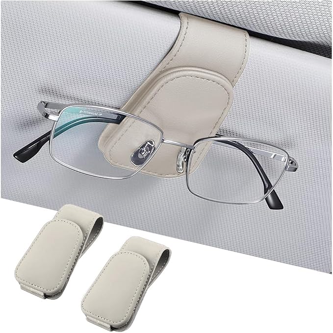 Sunglasses Holders for Car Sun Visor, Leather Eyeglasses Hanger Mounter, Magnetic Glasses Holder and Ticket Card Clip, Auto Interior Accessories Universal for SUV Pickup Truck