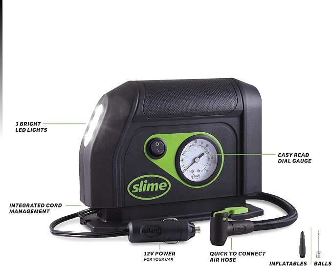40050 Tire Inflator, Portable Car Air Compressor, with Analog 100 psi Dial Gauge, Long Hose and LED Light, 12V, 8 min Inflation