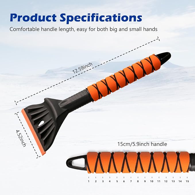 Professional Ice Scraper and Snow Brush for Cars, 2-in-1 Winter Snow Removal Tool with Ergonomic Foam Grip, ABS Ice Chopper for Windshield, Window, and Vehicle Snow Cleanup (Orange 2PC)
