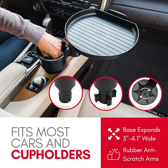 Car Cup Holder Tray and Cup Holder Expander with Phone Slot - Enjoy Your Meal - 9" Car Food Tray Table and Drink Holder for Yeti, Hydroflask, etc.