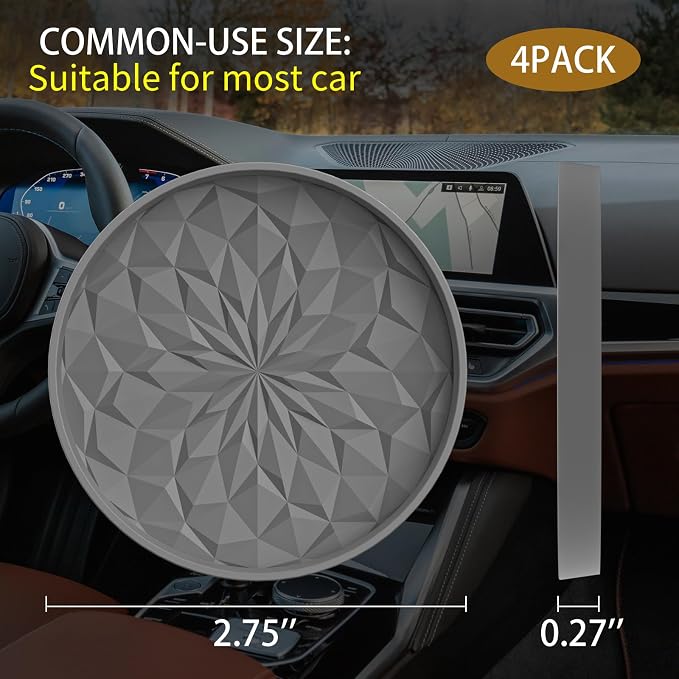 ME.FAN Car Coasters for Cup Holders [4 Pack] - 2.75In Silicone Auto Mug Mats - Universal Non-Slip Recessed Car Interior AccessoriesDeep Grey