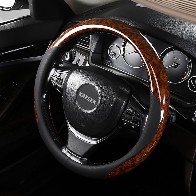 Wood Grain Steering Wheel Cover Microfiber Leather Universal 14 1/2-15 inch, Car Steering Wheel Cover Men Women, Comfortable, Anti-Slip, Odorless, Brown