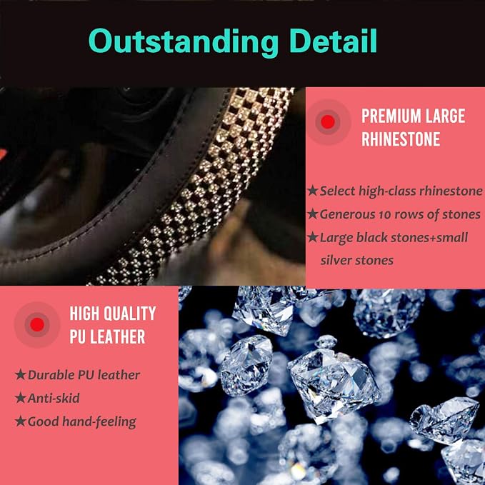 D Shaped Bling Comfy Steering Wheel Cover with Jumbo Crystal Rhinestones, Anti-Slip Diamond Leather, Flat Bottom 14.5-15 Inch (Black)