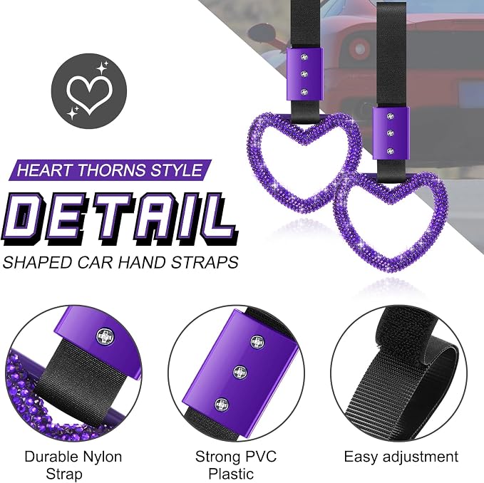Bling Car Accessories Bling Heart Handle Ring Car Accessory for Women Hand Strap Drift Charm Rear Bumper Warning Ring Decor for Auto Bus Interior Exterior Decoration (Purple, Heart Style)