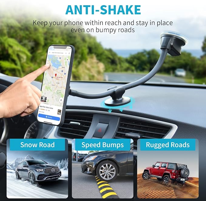 Magnetic Phone Holder Mount with 13-inch Flexible Long Arm & 6 Strong Magnets, Anti-Shake Holder for Truck Windshield Dashboard, Suction Car Mount for All Phones