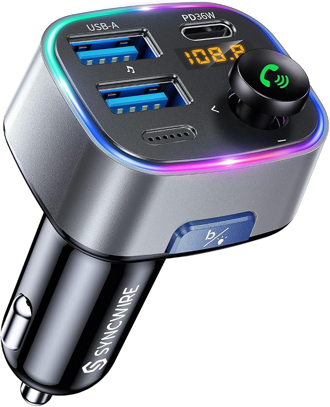 Bluetooth 5.4 FM Transmitter Car Adapter 48W (PD 36W & 12W) [Light Switch] [Hi-Fi Deep Bass] [Fast Charge] Wireless Radio Music Adapter LED Display Hands-Free Calling Support USB Drive