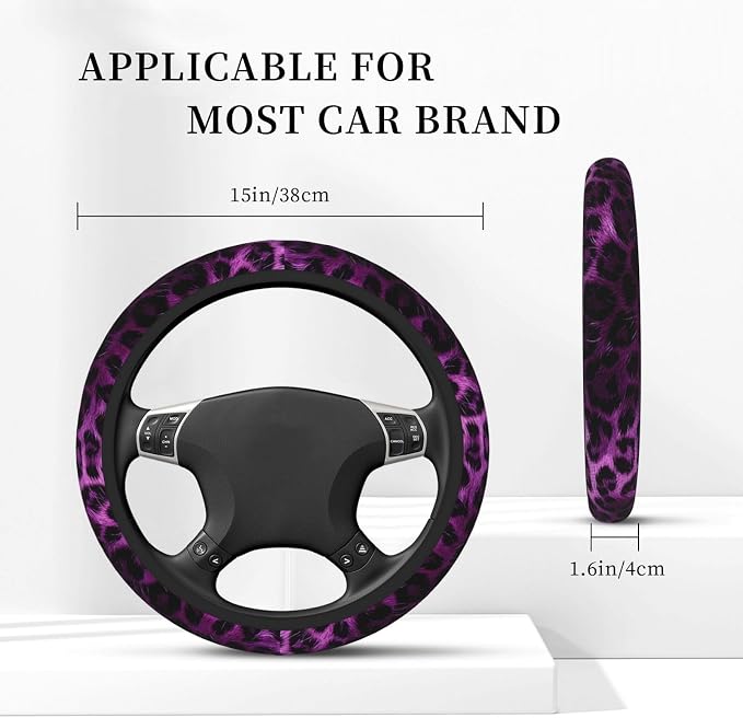 Purple Leopard Print Steering Wheel Cover Leopard Print Steering Wheel Protector Neoprene 15Inch Car Accessories 2 Pcs Car Coasters for Women Men