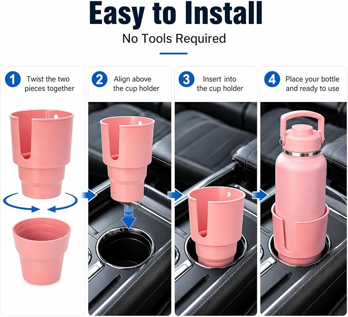 Car Cup Holder Expander for Large Bottles, Fits 32 oz to 40 oz Water Bottles and Handle Mugs, Secure Base for Most Vehicle Cup Holders, Durable ABS, Easy to Install, Durable ABS (Pink)