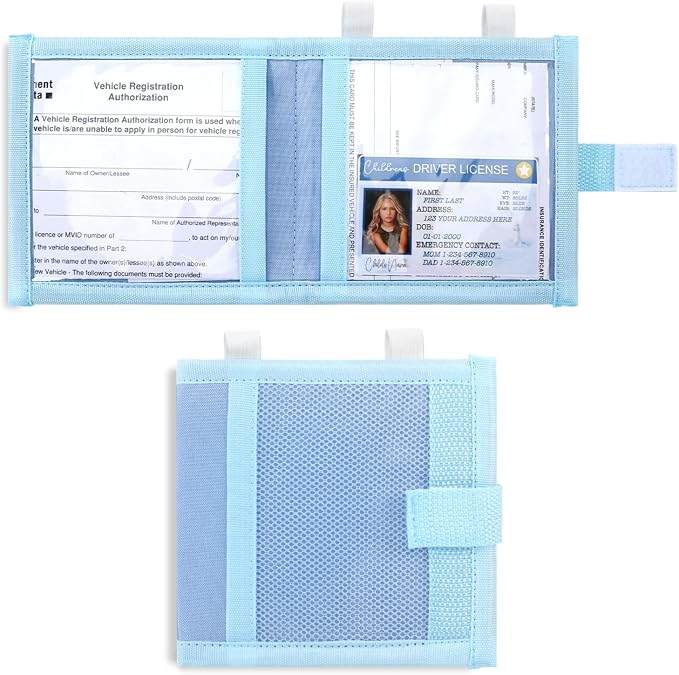 Car Registration and Insurance Holder, Sun Visor Organizer | Durable 300D 5.5"X5.3" Document Holder with Secure Elastic Strap, Fits Auto Insurance Papers, Cards, License & Receipts