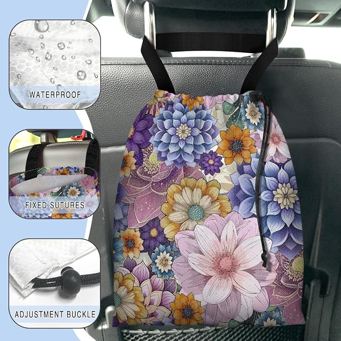 Car Trash Bag Hanging Back of Seat Waterproof Small Cute Printed One-Handed Strap Drawstring Garbage Bags for Car-Purple Boho Floral