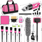 Car Cleaning Kit, Car Vacuum Interior Detailing Cleaner Kit with High Power Handheld Vacuum, Brush Set, Windshield Tool, Duster, Towels, Complete Car Care Tools for Women (Pink)