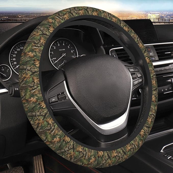 Universal 15-Inch Camouflage Steering Wheel Cover Durable Neoprene, Non-Slip & Breathable Protector for Cars, SUVs, and Trucks Forest Leaf Design