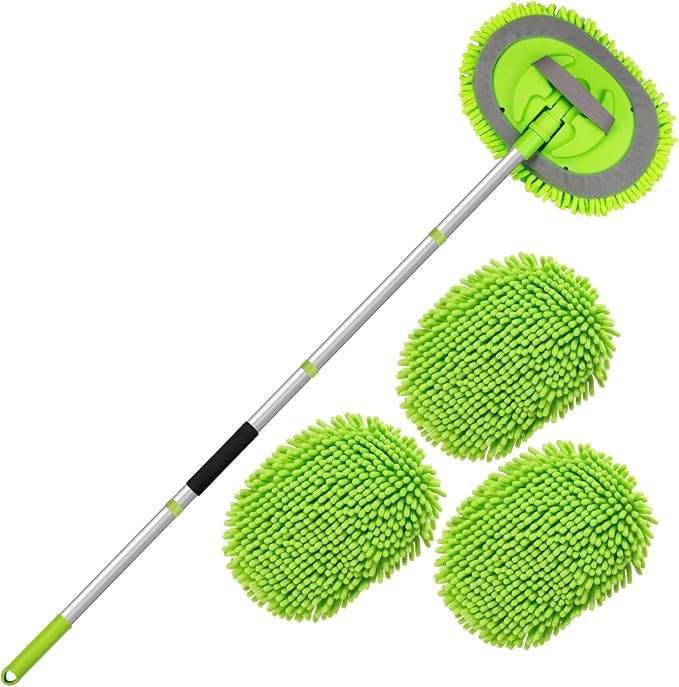 Car Wash Brush with Long Handle - 62" Car Wash Kit with Chenille Microfiber Cleaning Brush, Car Washing Mop with 3 Replacement Mitts, Scratch-Free Scrub Washer Wand for Vehicles, RV, Truck Green